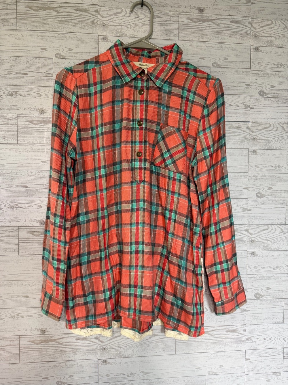 Matilda Jane Coral Plaid Lace Trim Tunic Top Shirt - Size S